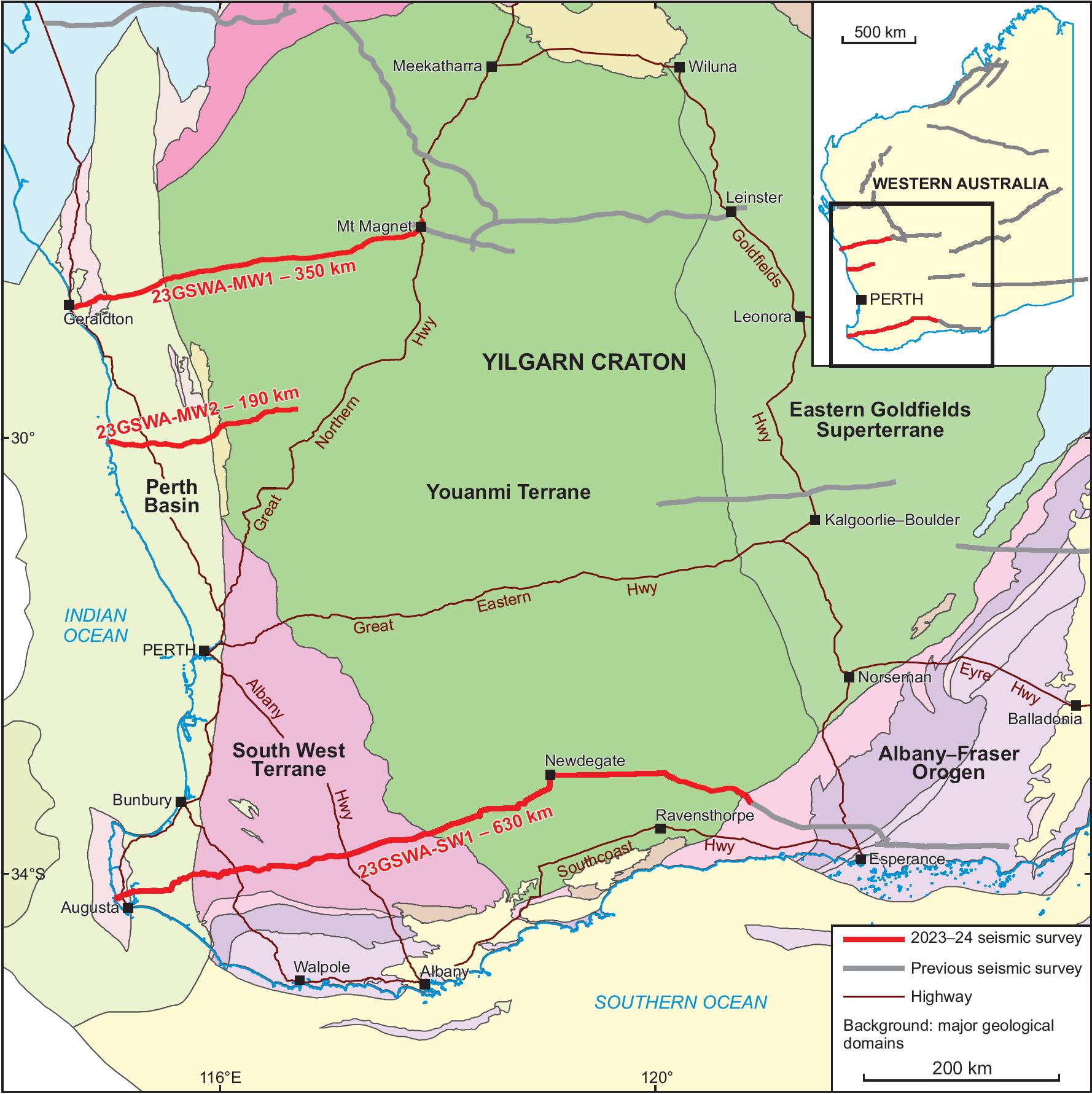 Southwest-Midwest seismic surveys location map